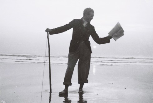 man on beach vintage photo, cane, book, sartorial,
